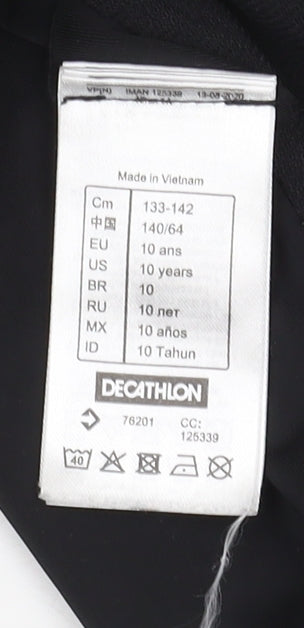 Brand and care label for Decathlon girls’ black one piece swimsuit, size 12