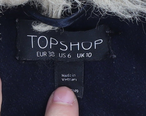Topshop Women's Black Wool Coat - Size 10 with Fur Trim