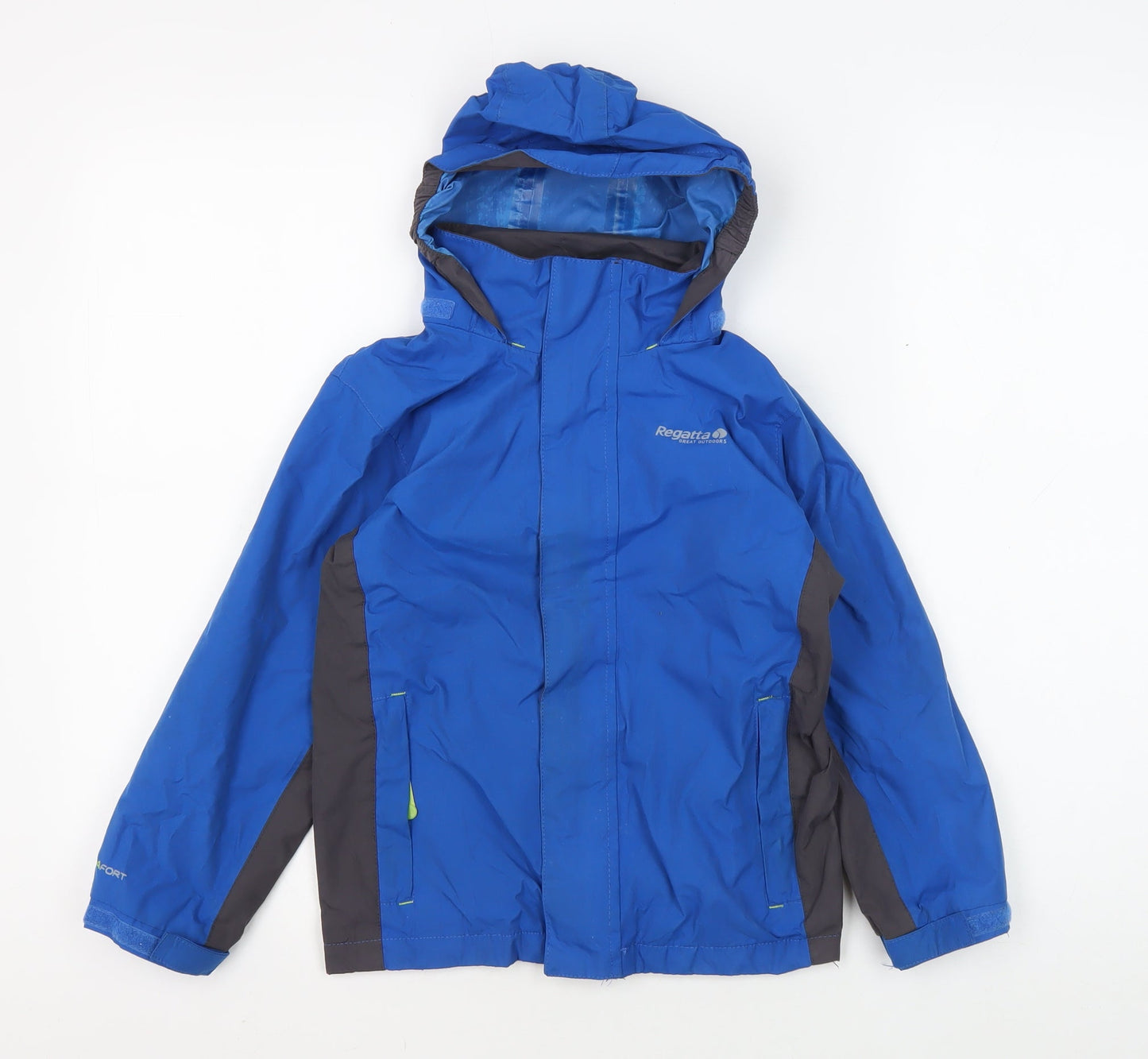 Brand and care label for Regatta boys’ blue hooded parka jacket 5-6y durable and stylish