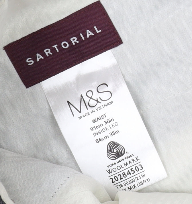 Marks & Spencer Men's Grey Wool Check Trousers, Size 36