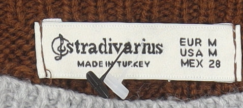 Stradivarius Women's Grey and Brown Cable-Knit Jumper