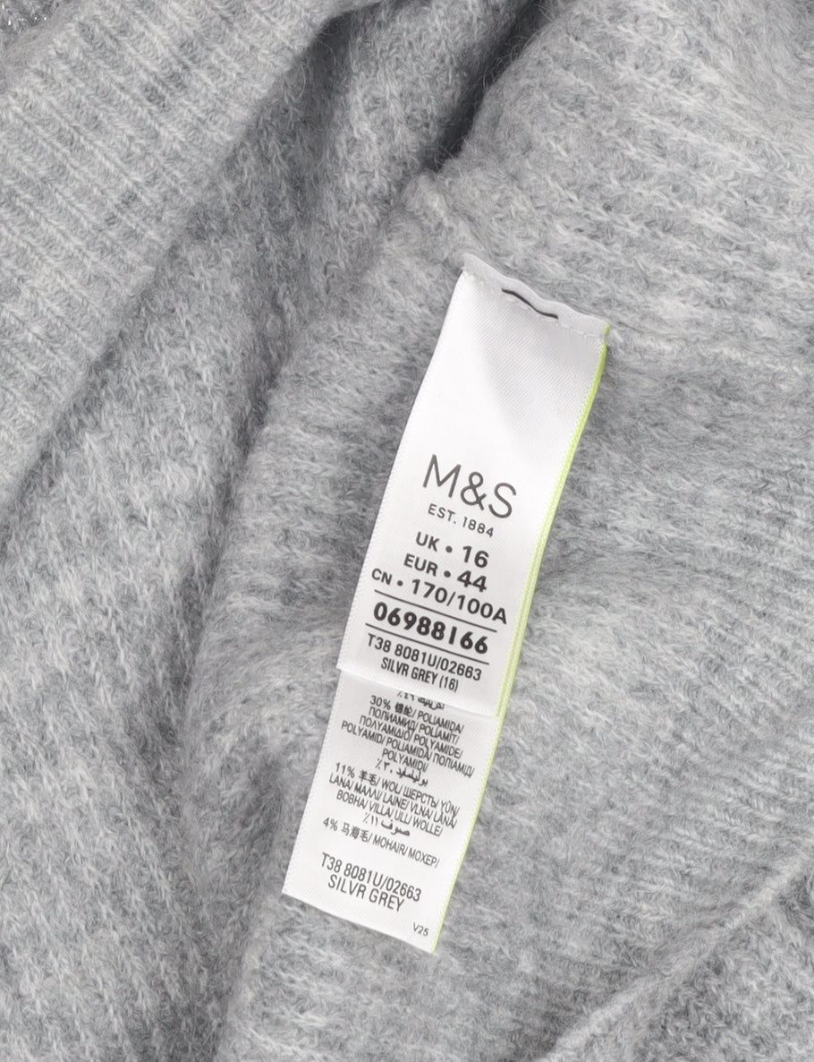 Marks & Spencer Women's Grey V-Neck Jumper Size 16