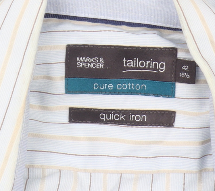 Marks & Spencer Men's Blue Striped Shirt, Size 42