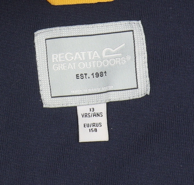 Brand and care label for Regatta boys’ blue fleece 1/4 zip sweatshirt, size 13, years