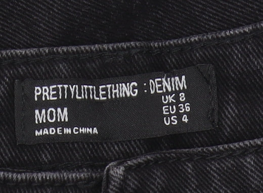 PRETTYLITTLETHING Black Mom Jeans UK 8 Distressed Style