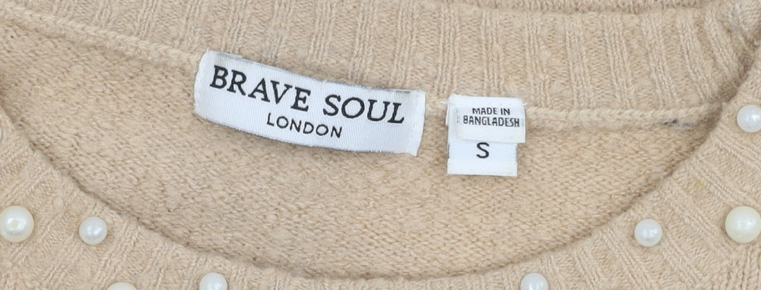Brave Soul Women's Beige Pullover Beaded Jumper, Size S