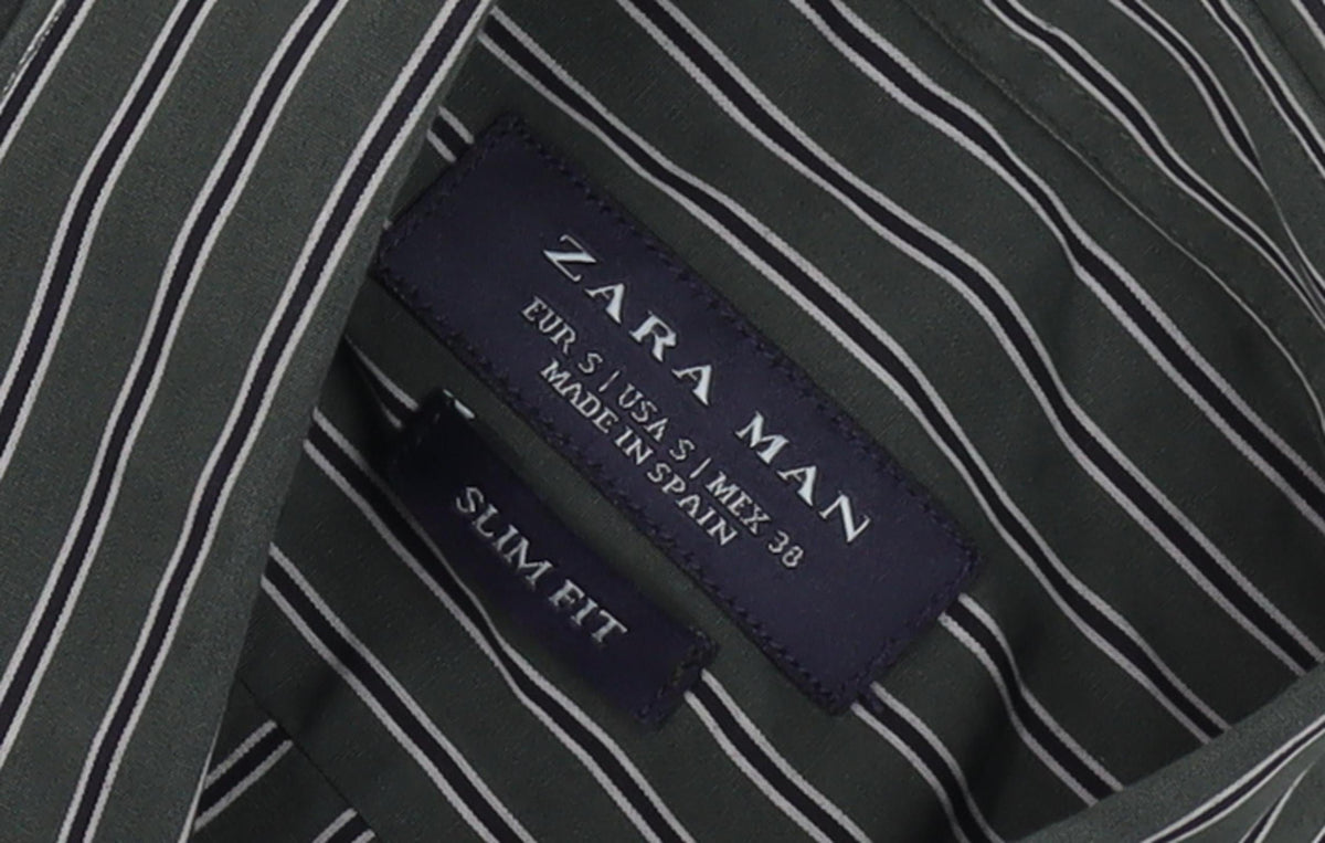 Zara Men Slim Fit Green Striped Long Sleeve Shirt - S