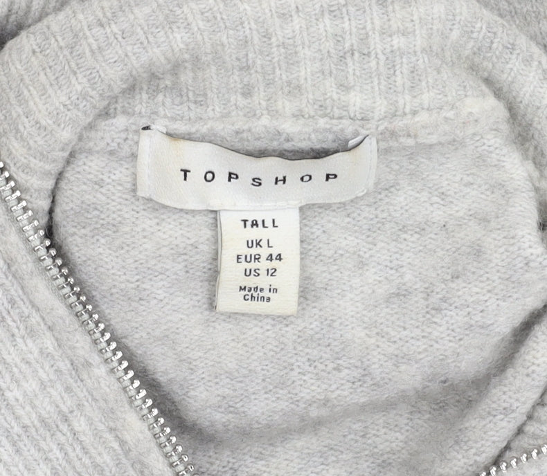 Topshop Women's Grey L Tall High Neck Zip Jumper