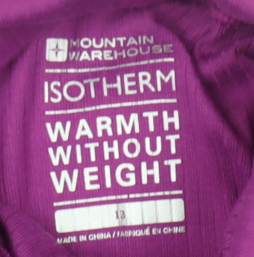 Brand and care label for Mountain Warehouse girls’ purple high neck pullover top