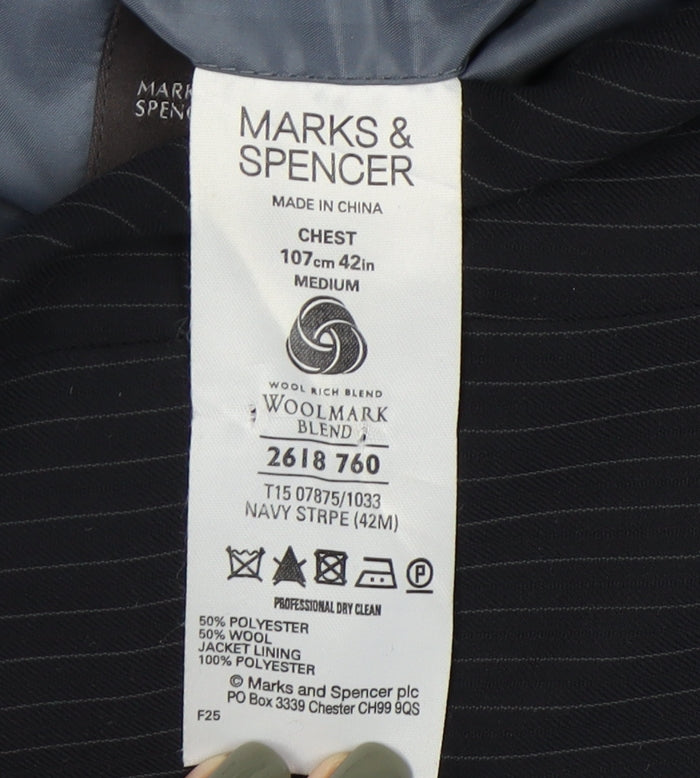 Marks & Spencer Men's Blue Striped Blazer Size 42R