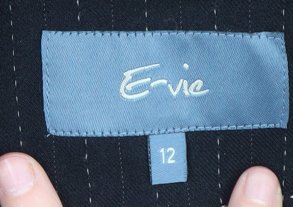 Brand and care label for Evie Black Women's, size 12, Pinstripe Blazer