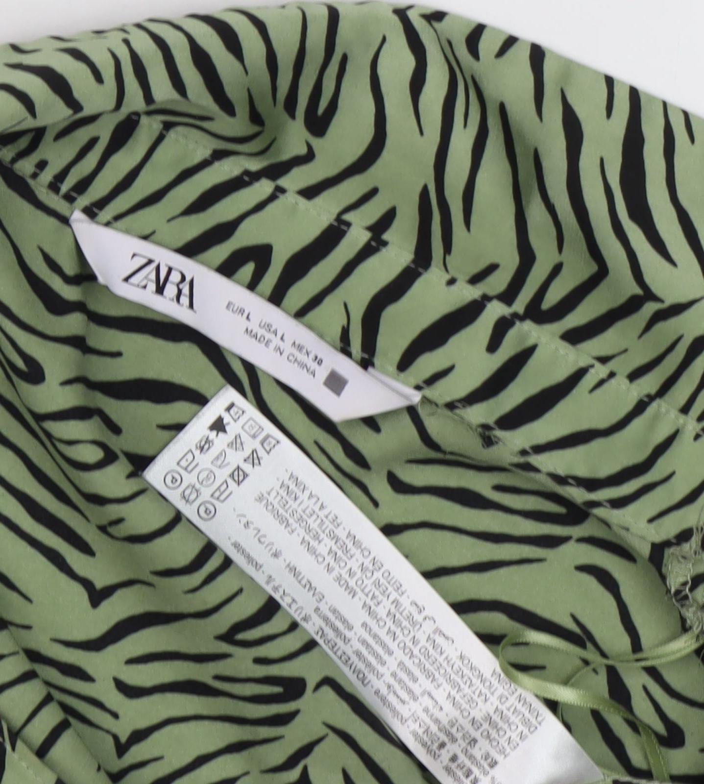 Zara Women's Green Zebra Print Button-Up Shirt L