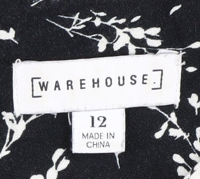 Warehouse Women's Black Floral A-Line Midi Dress, Size 12