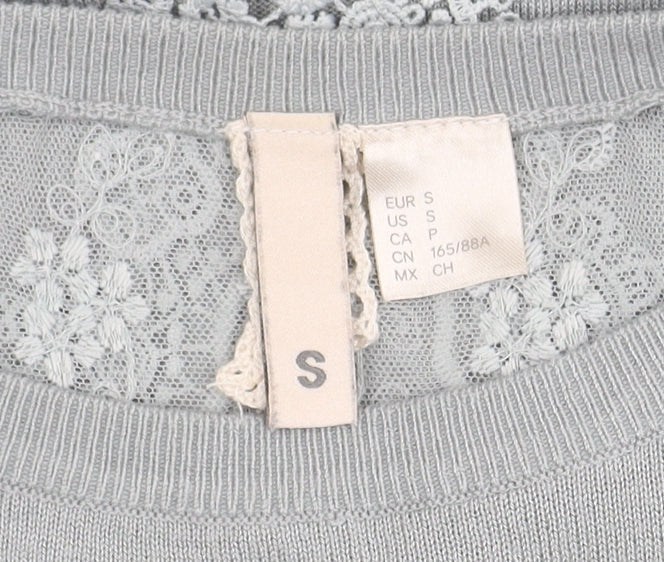 H&M Women's Grey Long Sleeve Top with Lace Accent