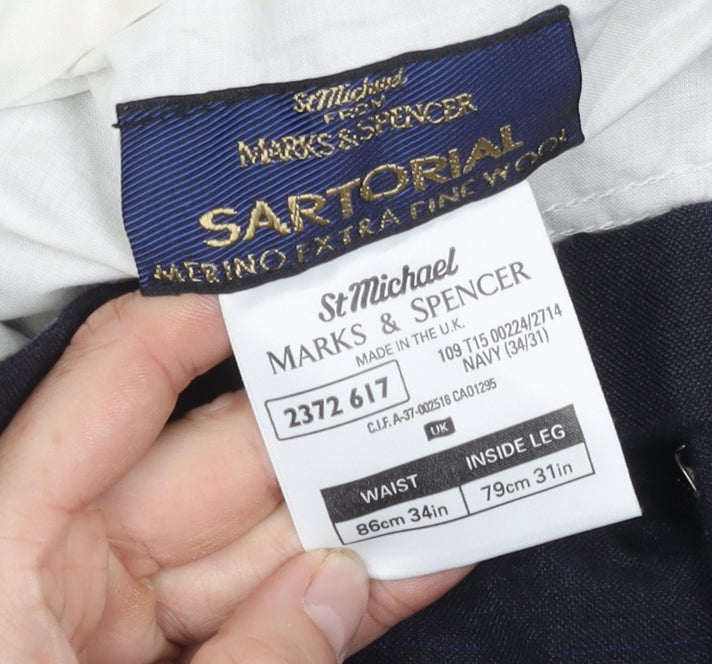 Marks & Spencer Men's Blue Check Trousers 34