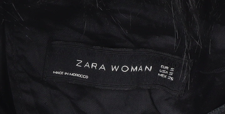 Zara Woman Black Fur Trim Long Coat, Size S