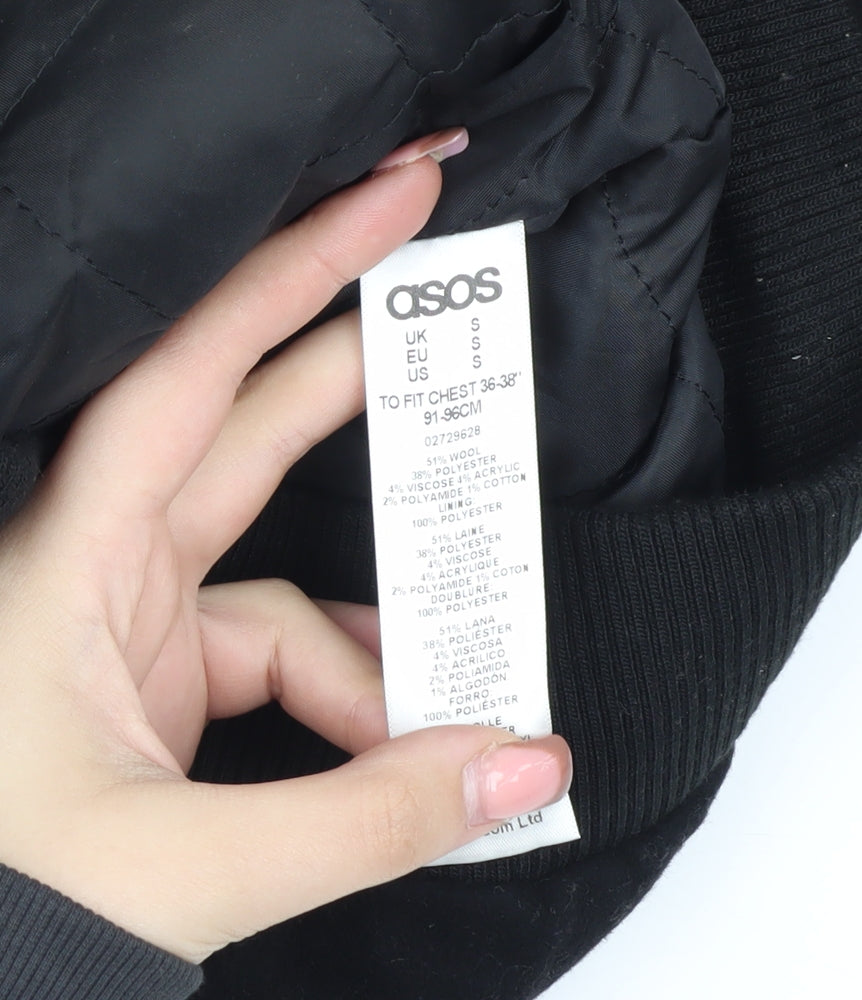 ASOS Unisex Black Wool Bomber Jacket, Size S, Full Zip