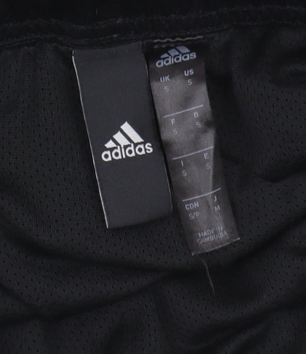 Brand and care label for Adidas Men's Black Colourblock Polyester Shorts, size S