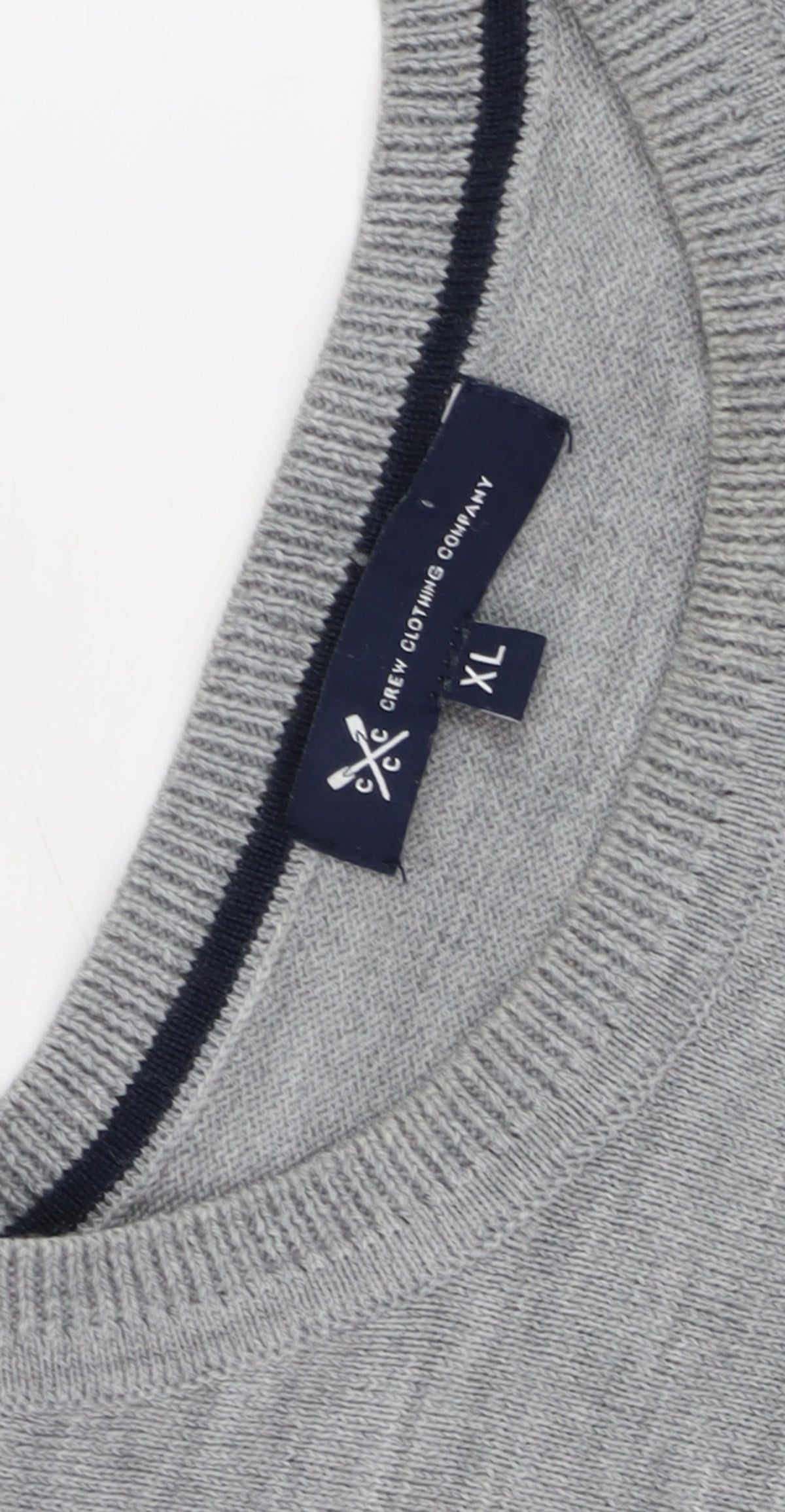 Close-up detail of Crew Clothing Grey Striped XL jumper