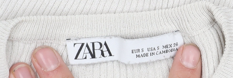 Zara Women's White Cropped Blouse, Size S, Crew Neck