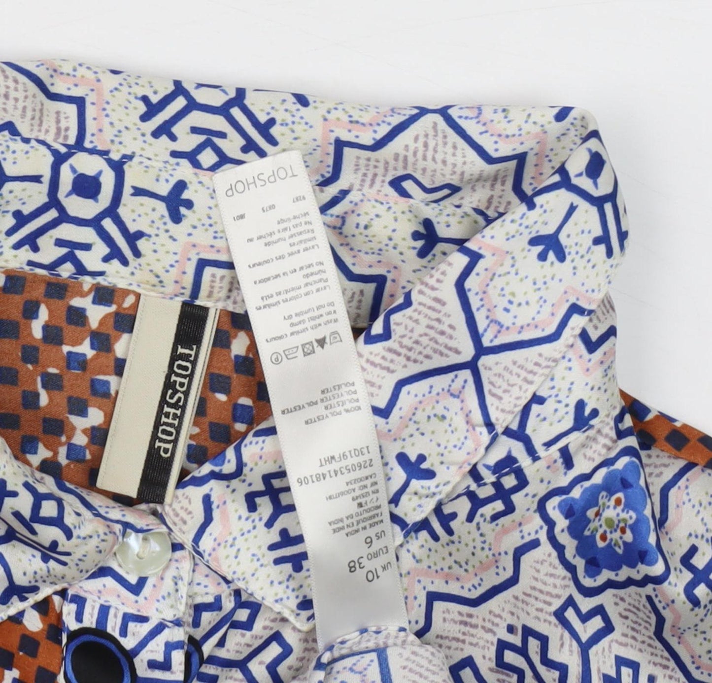 Topshop Women's Blue Geometric Button-Up Shirt, Size 10