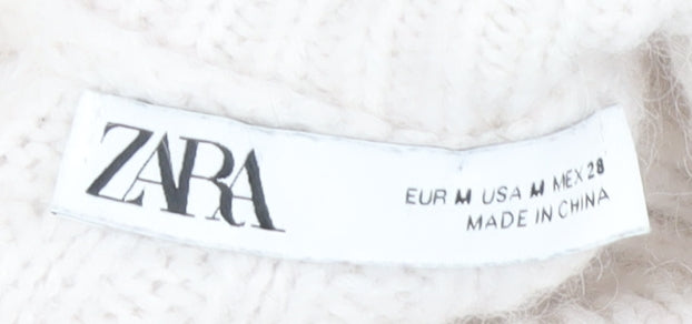 Zara Women White Roll Neck Cable-Knit Jumper M