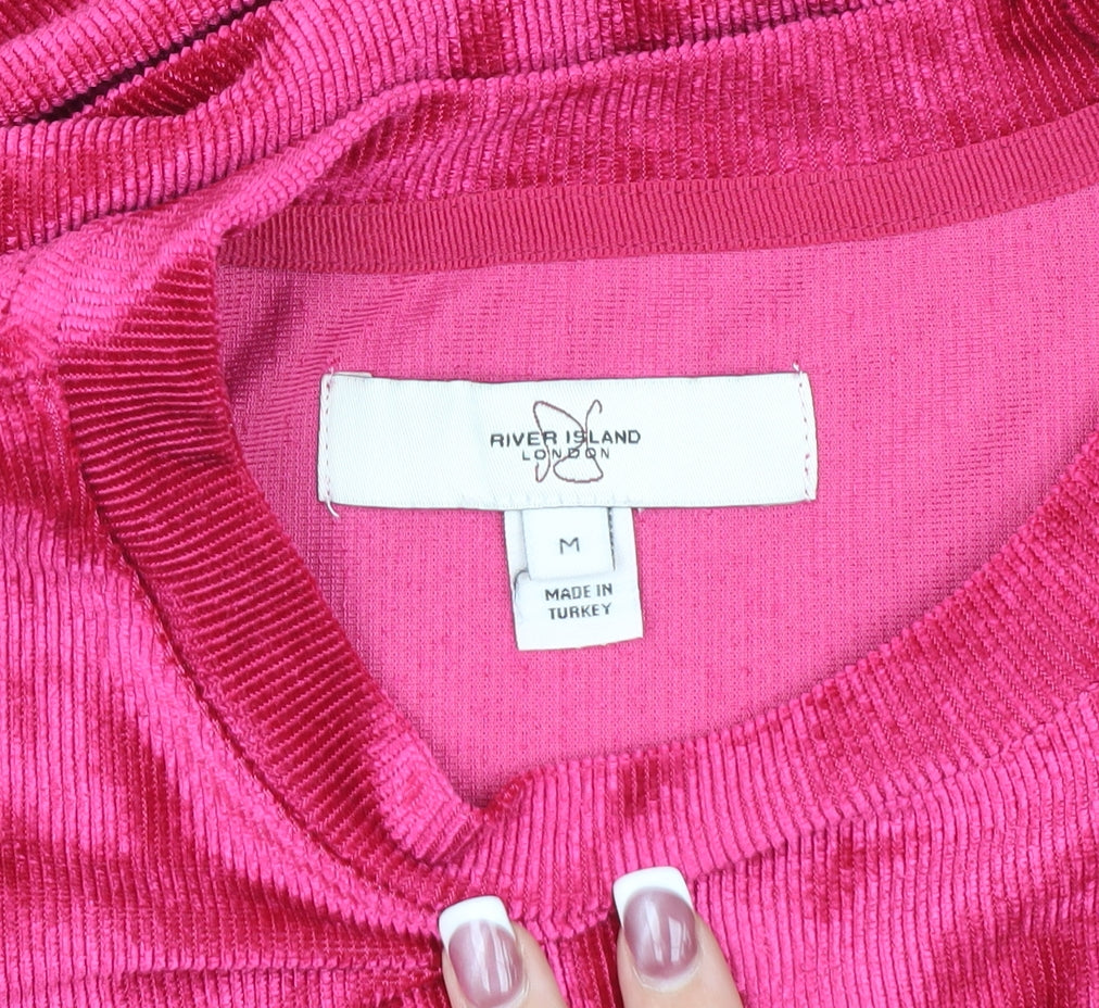 River Island Pink Velour T-Shirt M Short Sleeve Crew Neck