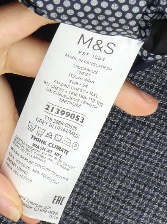 Marks & Spencer Men's Grey Blue Check Blazer 44R