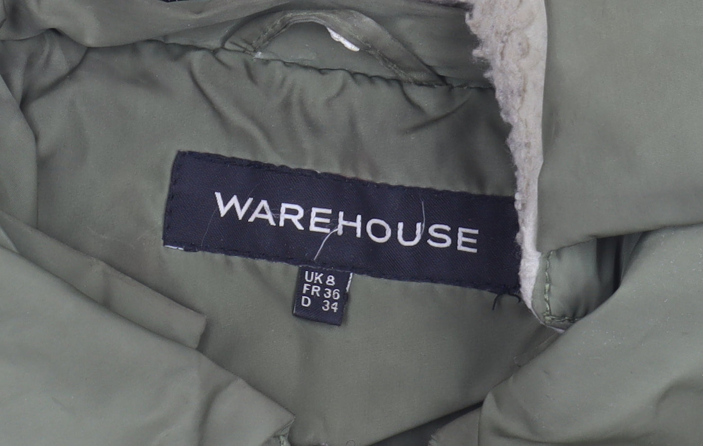 Warehouse Women's Green Puffer Jacket Size 8 - Winter Essential