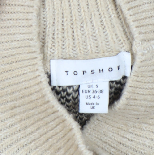 Topshop Women's Beige High Neck Animal Print Jumper S