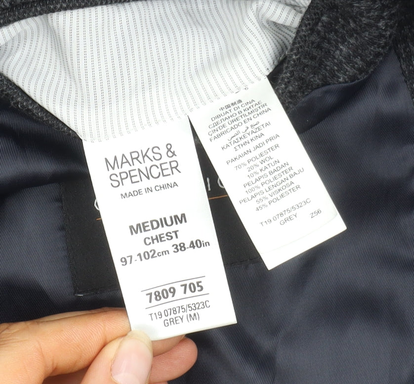 Marks & Spencer Men's Grey Check Blazer, 38R, Single-Breasted