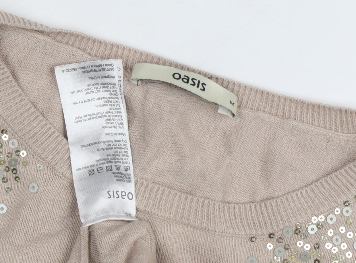 Oasis Women's Beige Pullover Jumper, Sequin Accent, Medium