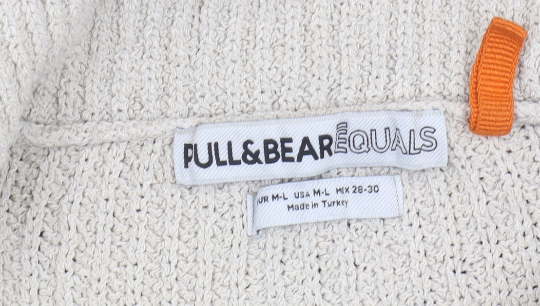Pull&Bear Grey Striped Chunky-Knit Unisex Jumper - L