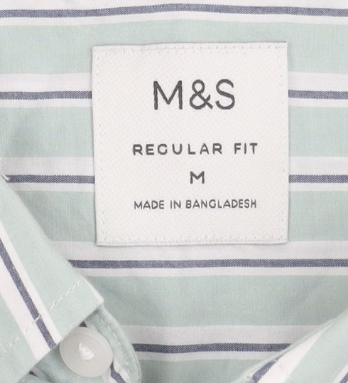 Marks & Spencer Men's Green Striped Shirt M