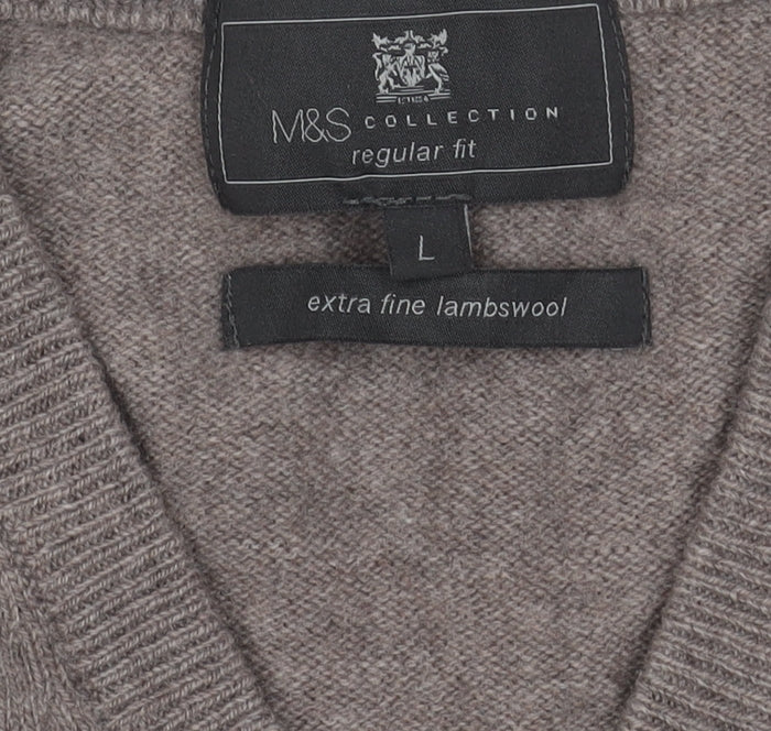 Marks & Spencer Grey Wool V-Neck Men's Pullover L
