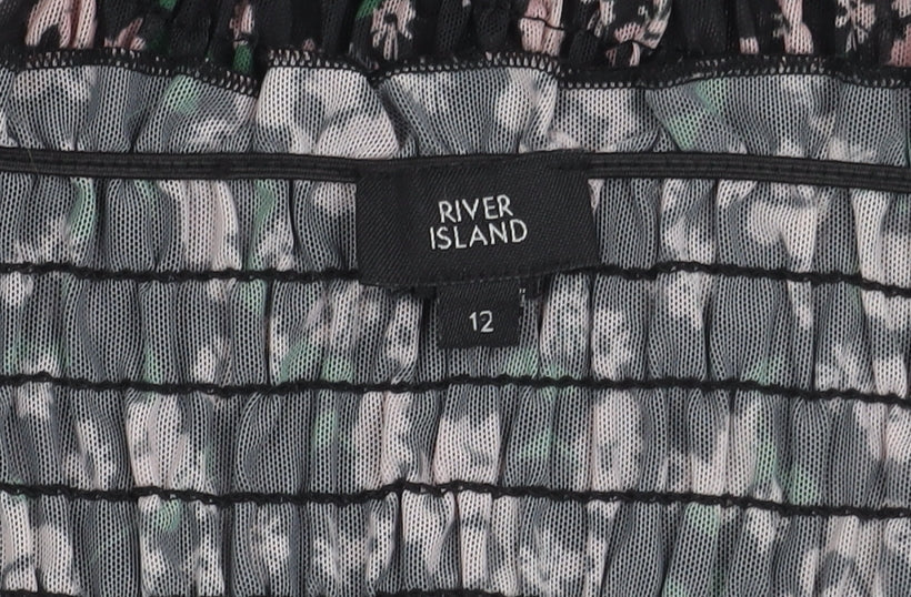 River Island Floral Off Shoulder Cropped Blouse, Size 12, Black