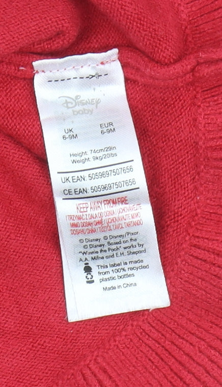 Brand and care label for Disney Red Minnie Mouse Jumper 6-9M unisex baby knitwear