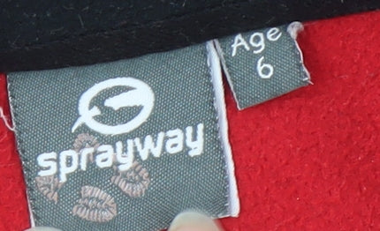 Brand and care label for Sprayway boys’ black fleece jacket, size 6, years