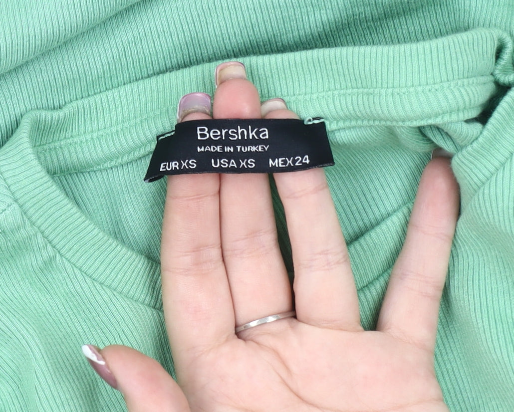 Bershka Women's Green Ruched Short Sleeve Dress