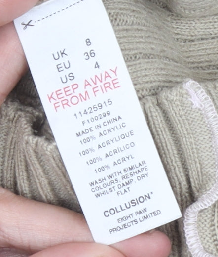 Collusion Women's Beige High Neck Acrylic T-Shirt Size 8