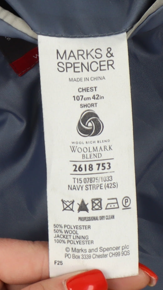Marks & Spencer Men's Blue 42S Striped Suit Jacket