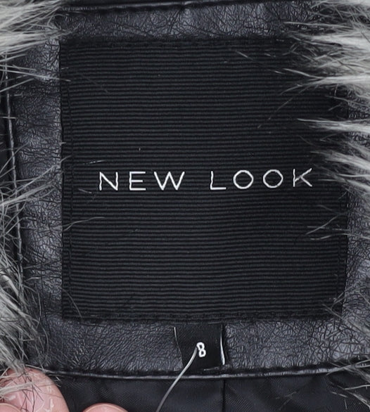 New Look Women's Black Faux Fur Trim Coat Size 8