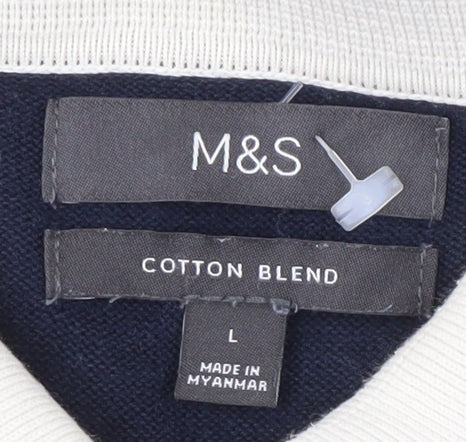 Marks & Spencer Men's Blue Striped Collared Jumper L