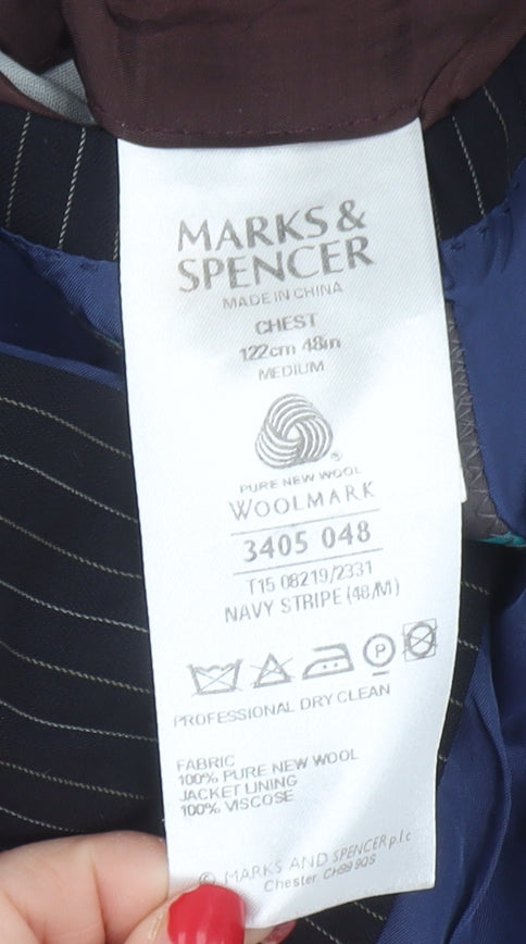 Marks & Spencer Men's Blue Striped Blazer - Size 48 M