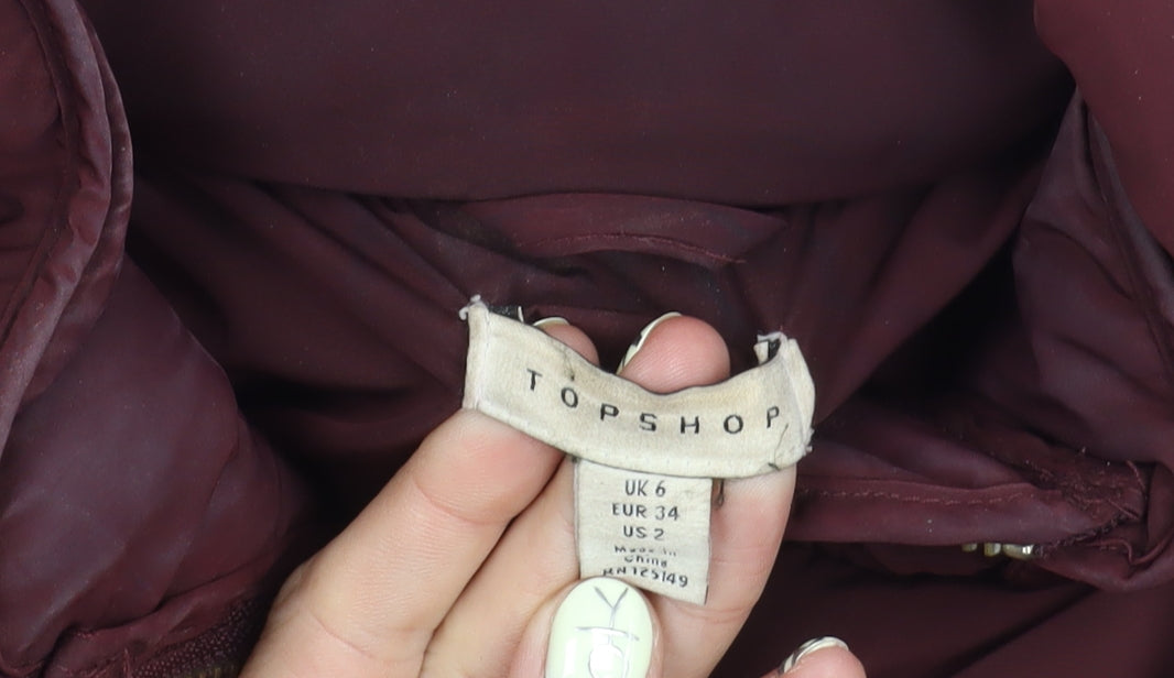 Topshop Women's Red Puffer Jacket Size 6 - Hooded, Zipped