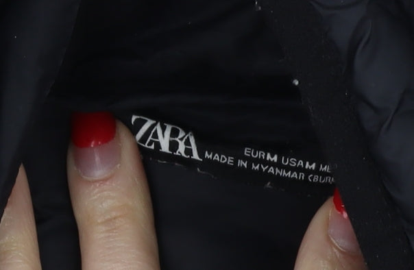 Zara Women's Black Mid-Length Hooded Jacket Size M