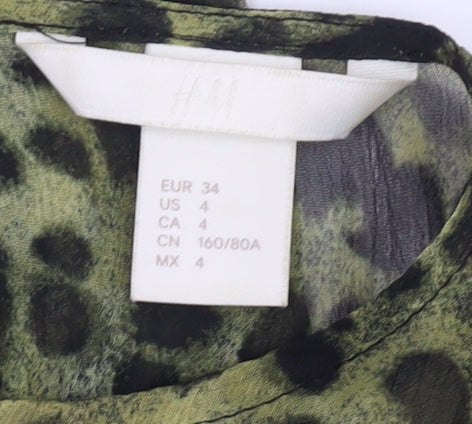 H&M Women’s Green Animal Print Blouse, Size 6, Long Sleeve
