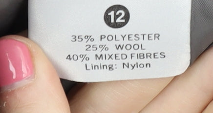 Brand and care label for C&A Women's Grey Blazer, size 12, Wool Blend, Five-Button