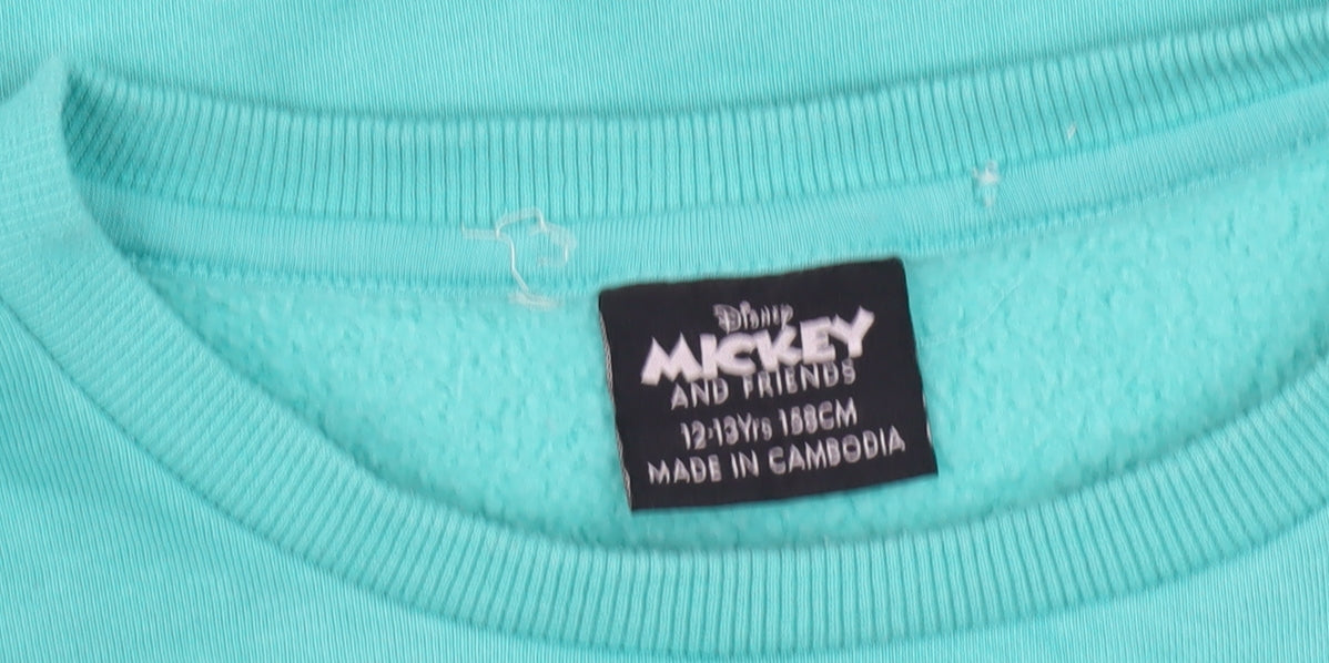 Close-up detail of Disney girls’ blue sweatshirt 12-13 years mickey & pluto pullover