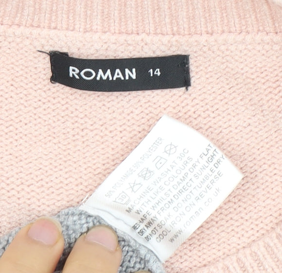 Close-up detail of Roman Women's Pink Geometric jumper, size 14